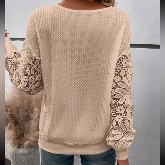 Classic Elegant Sheer Mesh Lace Waffle Knit Long Sleeve Top Shirt - Picture 2 of 11